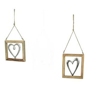 Set of 2 Wood Framed Open Work Metal Heart Wall Décor Hangings W/ Rope Hangers